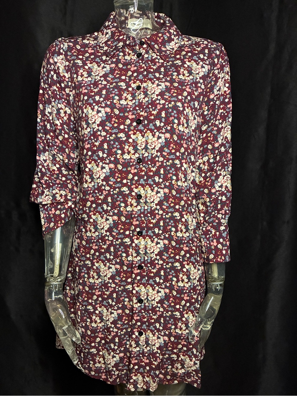 Floral Button-Front Burgundy Shirt Dress